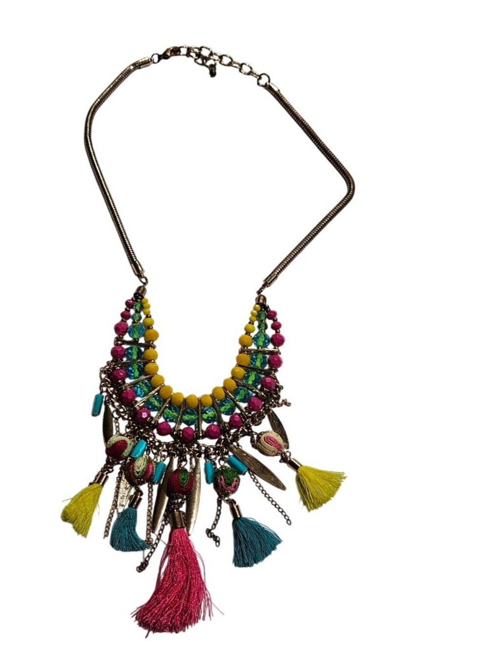 Funky Colorful Glass Beaded Tassel Fringe Necklace Goldtone Serpentine Chain